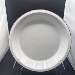 Vintage White Red Rim Enamelware Dinner Plate Farmhouse Camp Rustic 9.5 Inches
